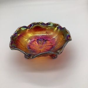 Imperial Carnival Glass Acanthus Leaf Footed Bowl. Iridescent burnt orange.